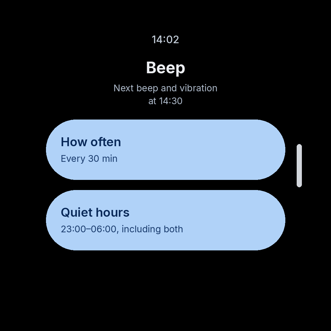 Beep home on a watch: next chime at 14:30, every 30 minutes, quiet hours 23:00 to 06:00.