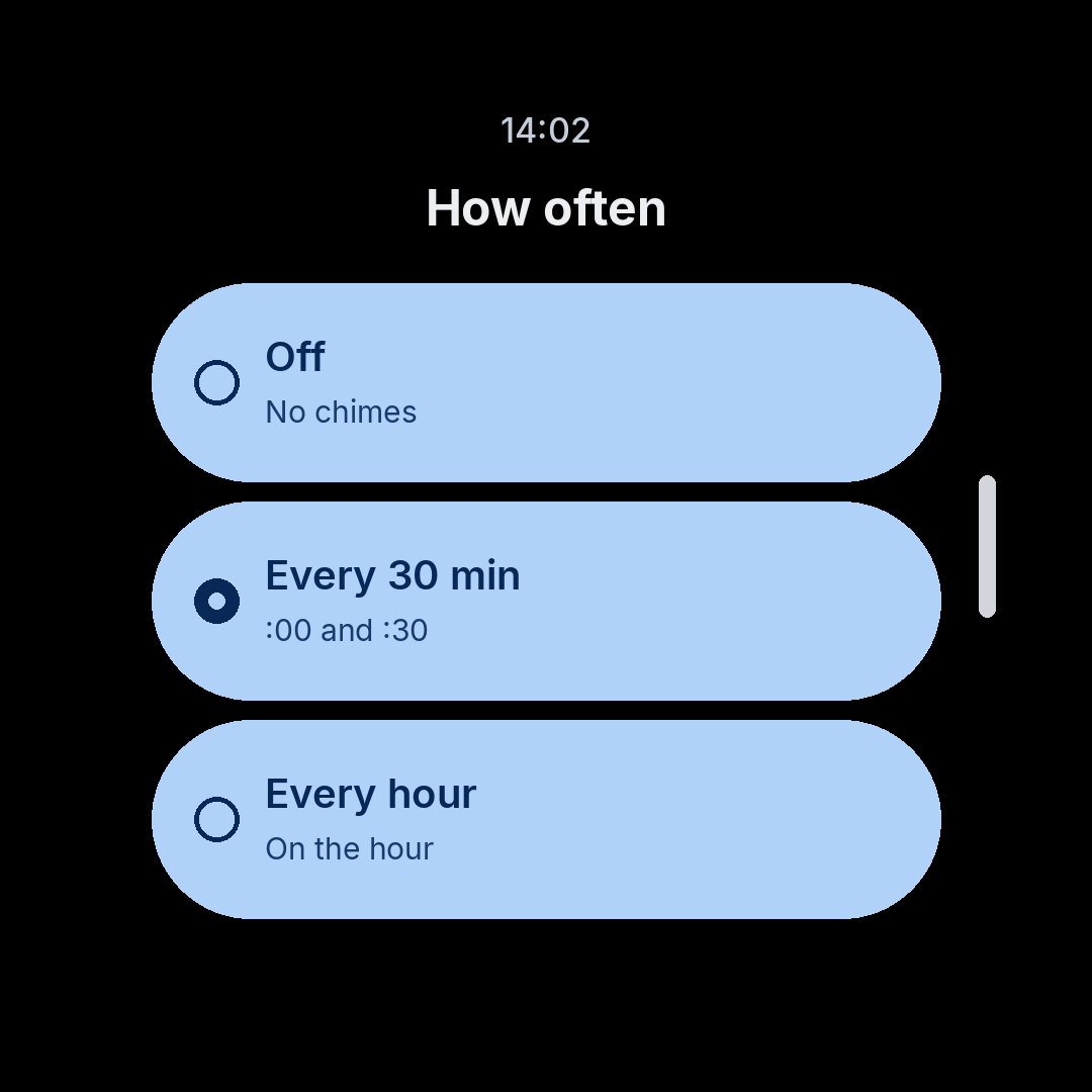 How often screen with Every 30 min selected, beside Off and Every hour.