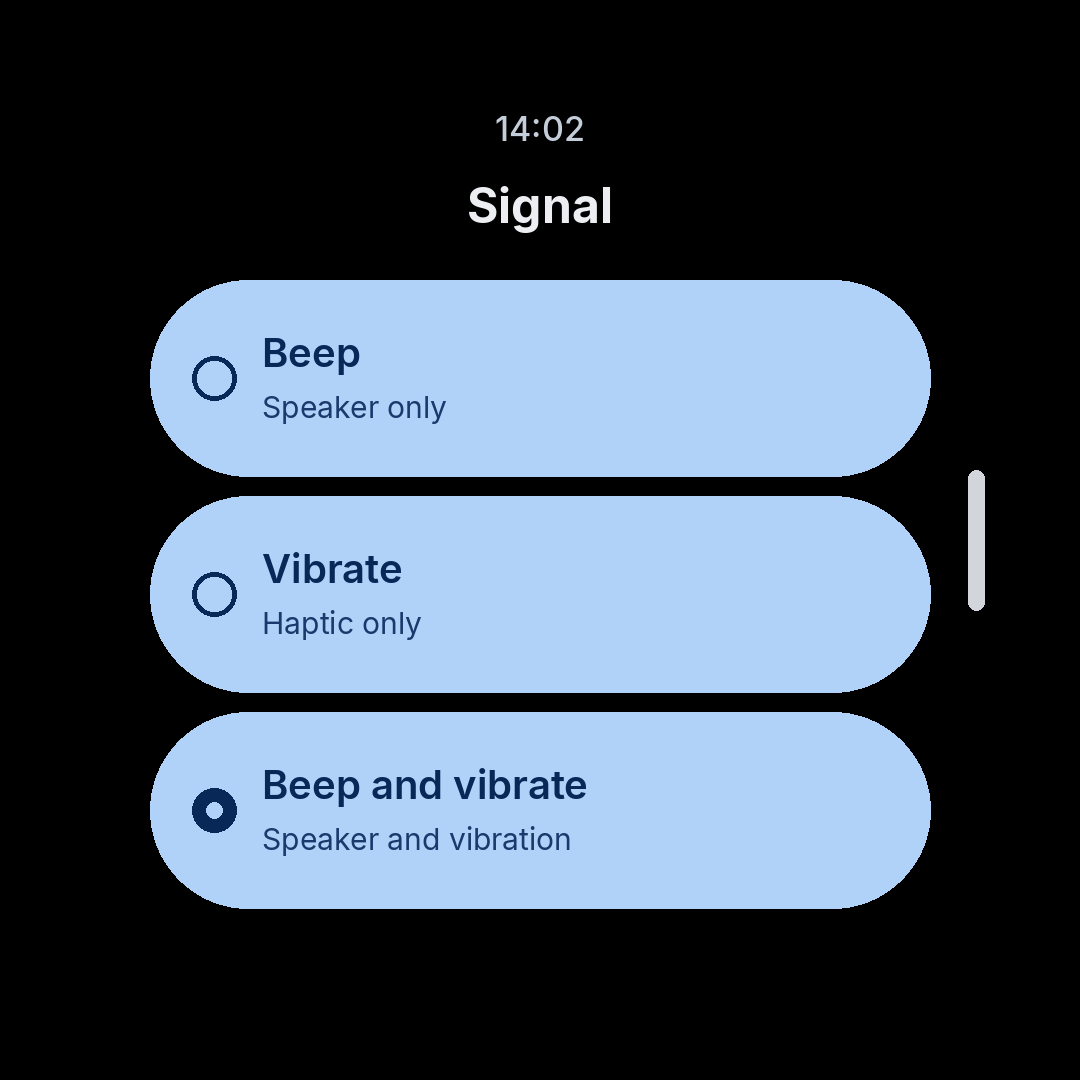 Signal screen with Beep and vibrate selected, beside Beep and Vibrate.