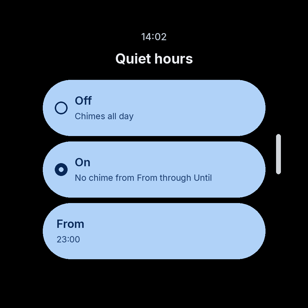 Quiet hours turned on, starting at 23:00.